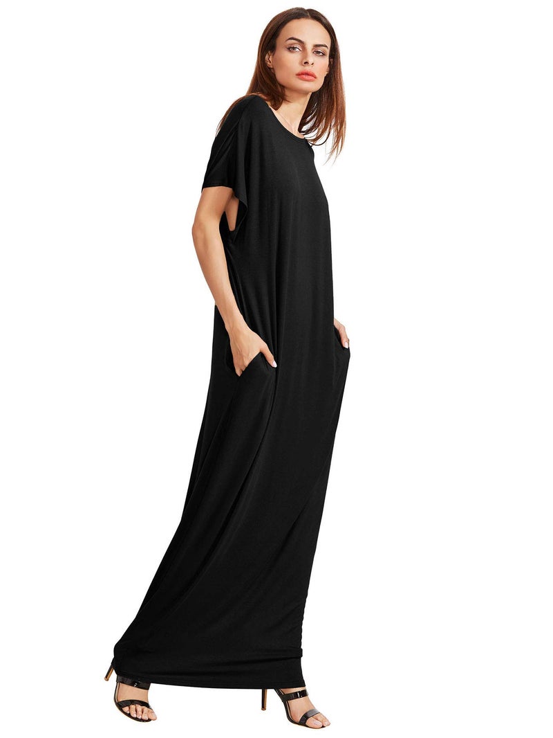 Verdusa Women's Short Sleeve Loose Long Maxi Lounge Dress with Pockets #1 Black Large - Image 4